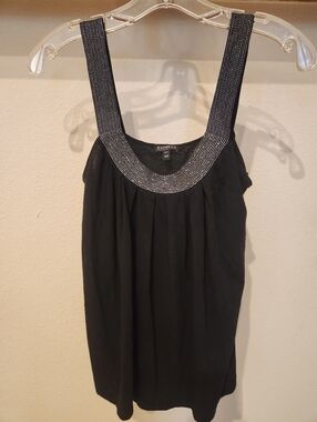 Express Black Tank with Silver Beaded Necklone And Embroidered Straps